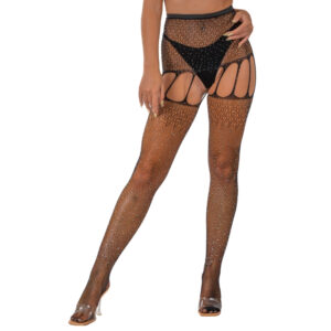 Alternative view of Lace by LJ Rhinestone Suspender Tights Black